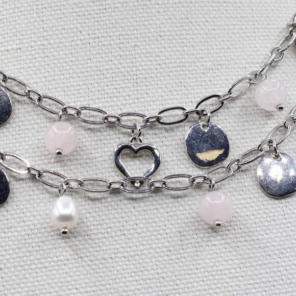 Vantel Silver Chain Pearl Quartz Daydreams Double Strand Charm Necklace - Picture 2 of 7